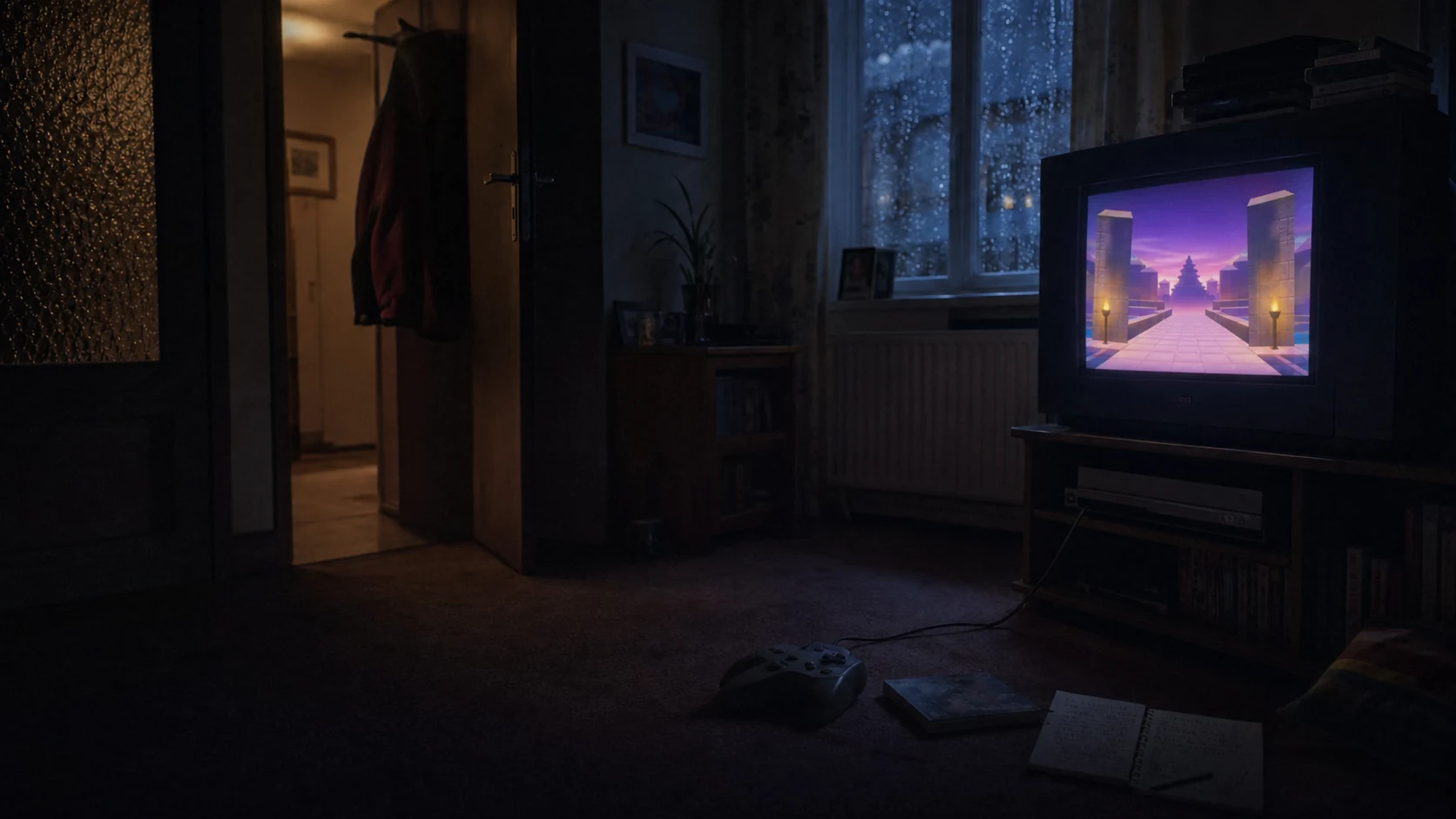 A rain-darkened late-1990s living room with a glowing CRT