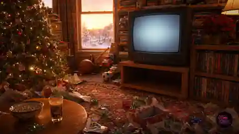 A wrapped video game beside a glowing Christmas tree in a quiet remembered living room