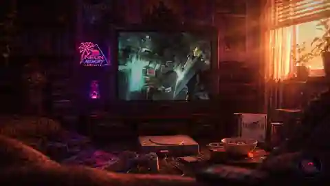 A warmly lit local game shop counter with boxed games and a CRT demo station