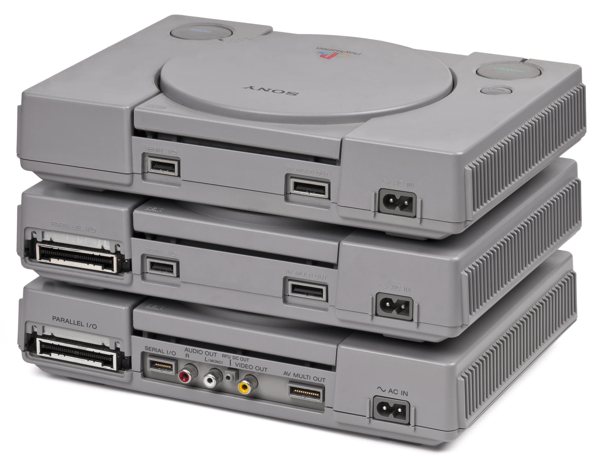 Rear panels of original PlayStation hardware revisions