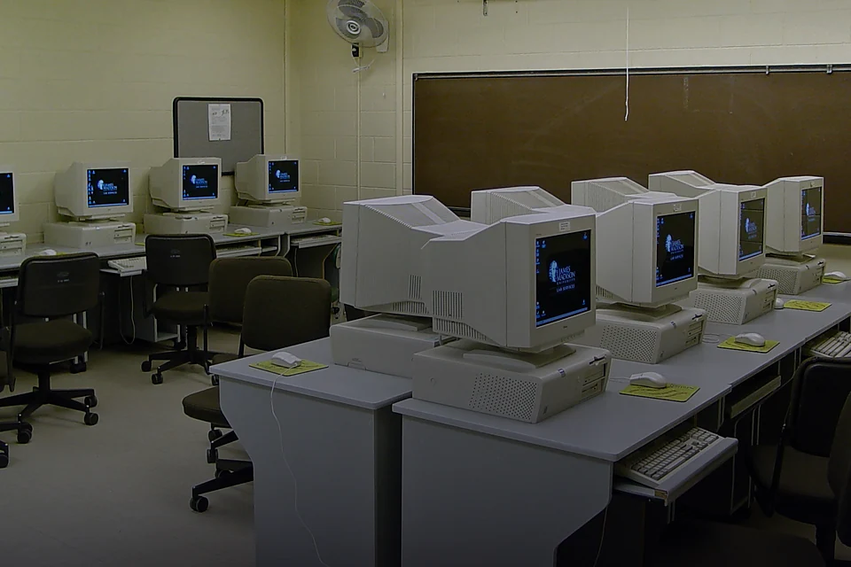 Rows of computers in a school lab