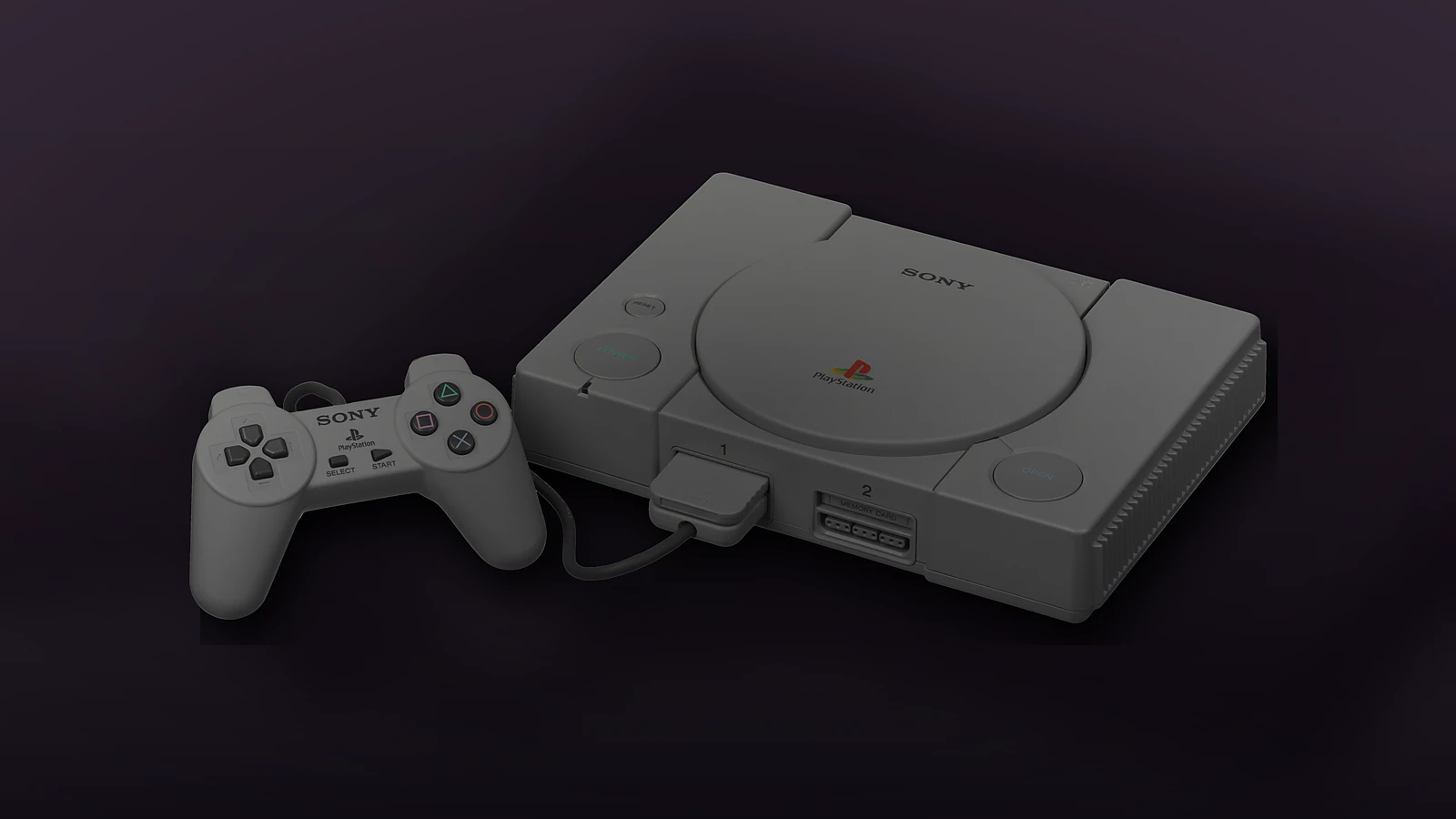 Original Sony PlayStation console with controller and memory card, showing the physical machine around which the Christmas-morning ritual unfolded.