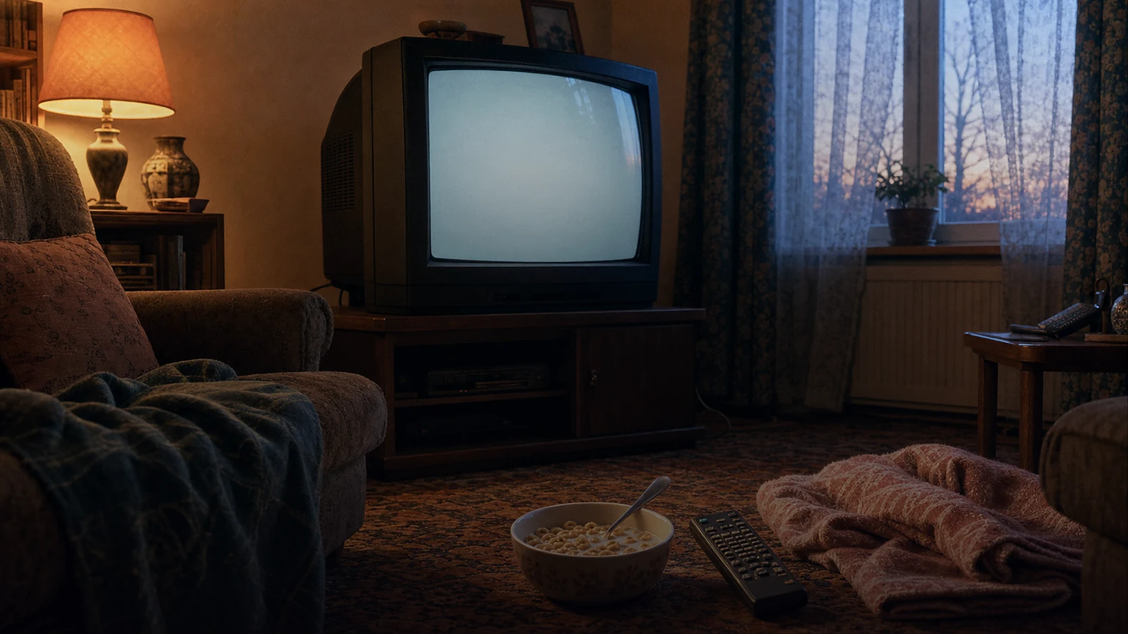 A CRT television and cereal bowl in the blue-gold light of Saturday morning
