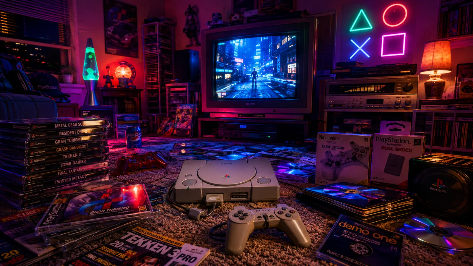 Atmospheric reconstruction of a late-1990s room lit by a CRT, warm lamps and coloured reflections