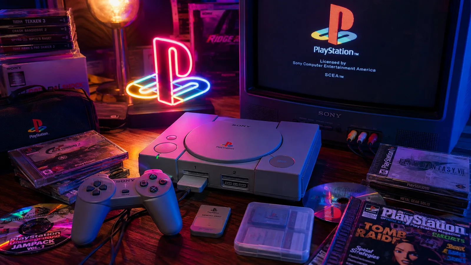 Atmospheric reconstruction of a PlayStation-era ritual with a CRT glow, jewel cases and coloured room light