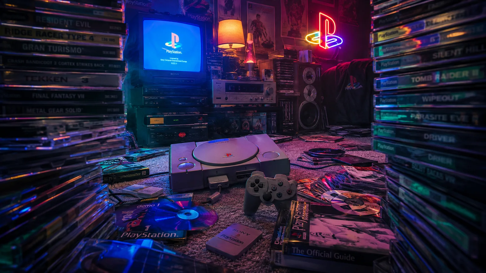 Atmospheric reconstruction of a PlayStation-era room seen between shelves of game cases