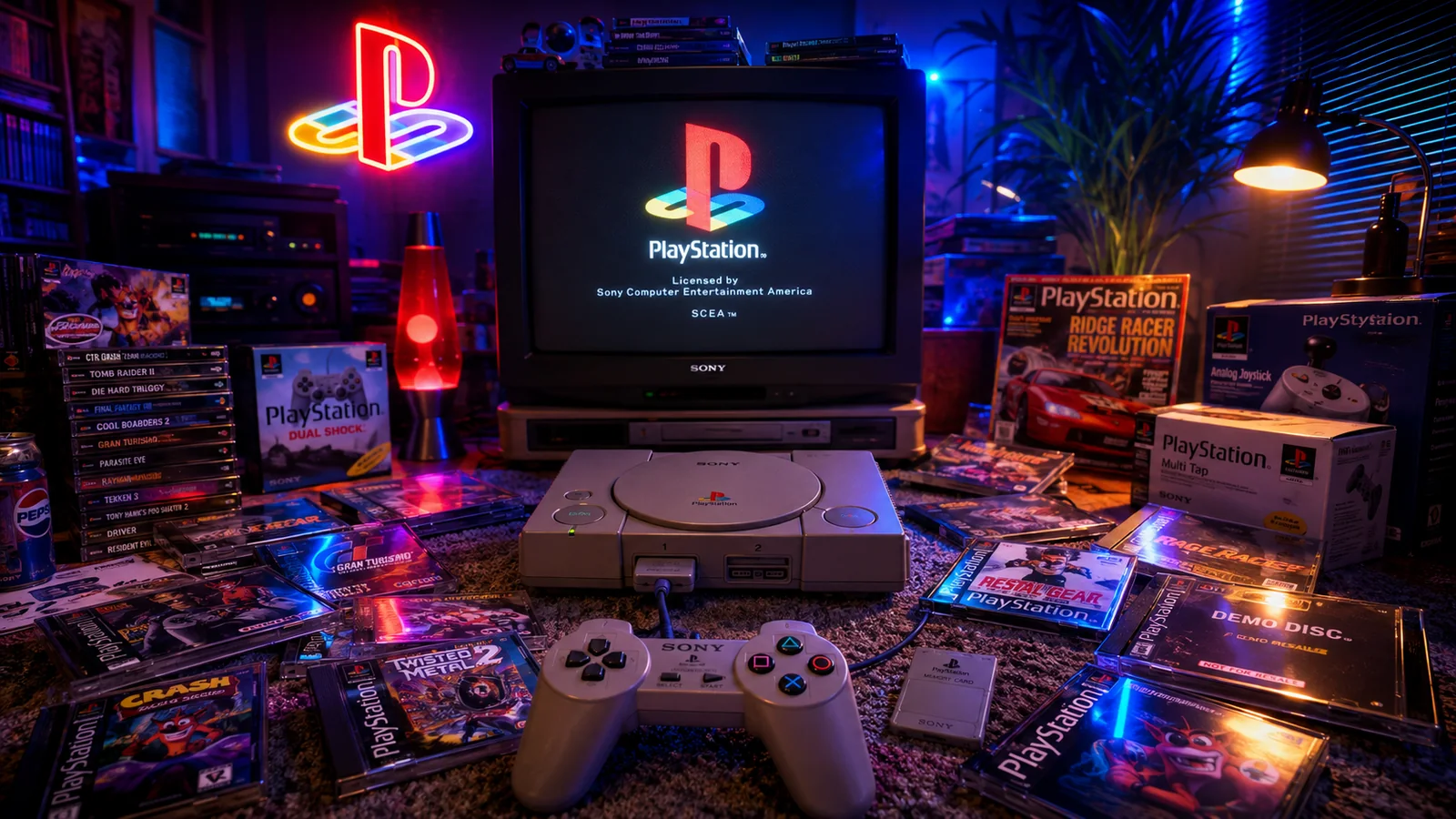 Atmospheric reconstruction of a PlayStation-era CRT room with warm lamp light and blue night light