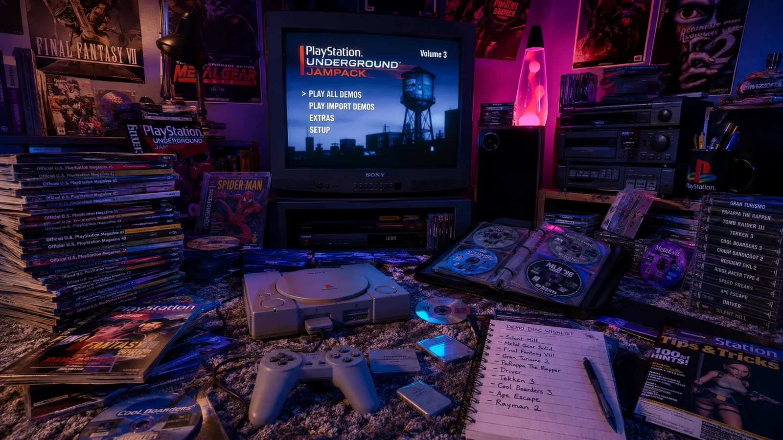 Atmospheric reconstruction of a PlayStation demo-disc room with CRT light, magazine stacks and a console on the floor
