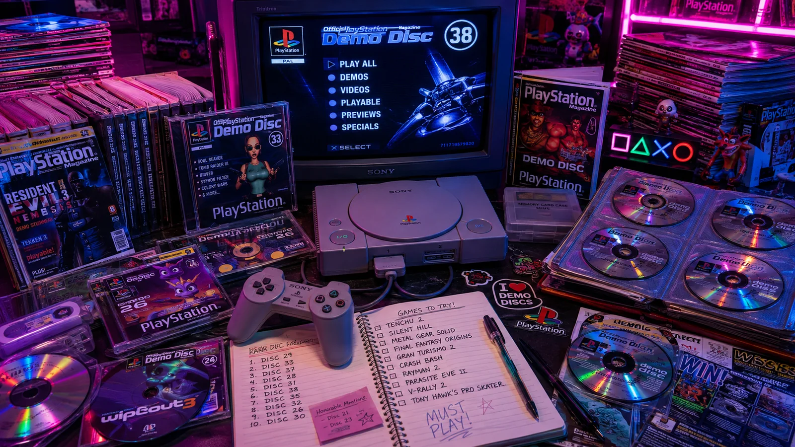 Atmospheric reconstruction of a PlayStation demo-disc ritual with a CRT menu, disc wallet and magazines