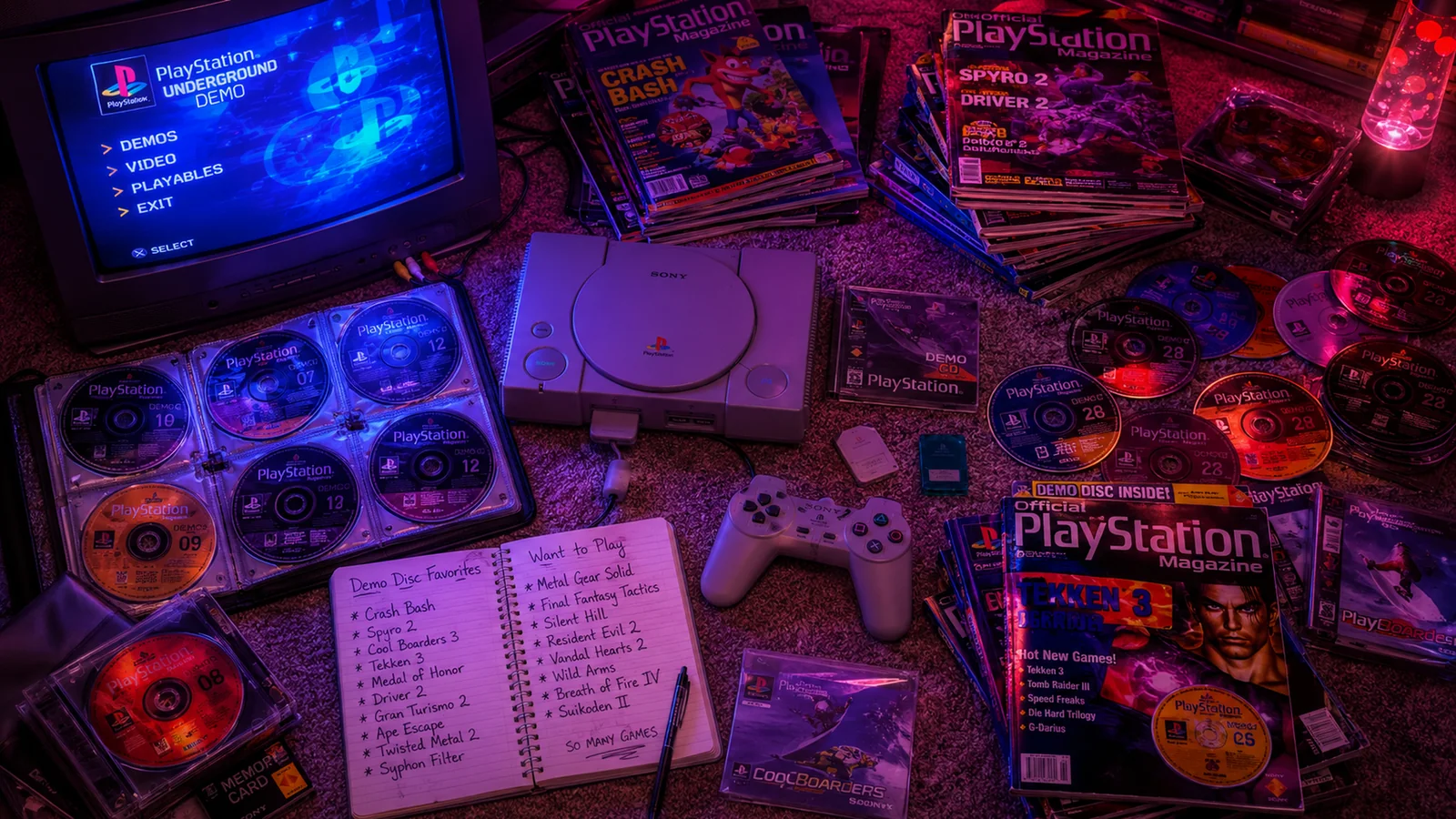 Atmospheric reconstruction of a floor-level PlayStation demo-disc collection, magazines and CRT menu glow
