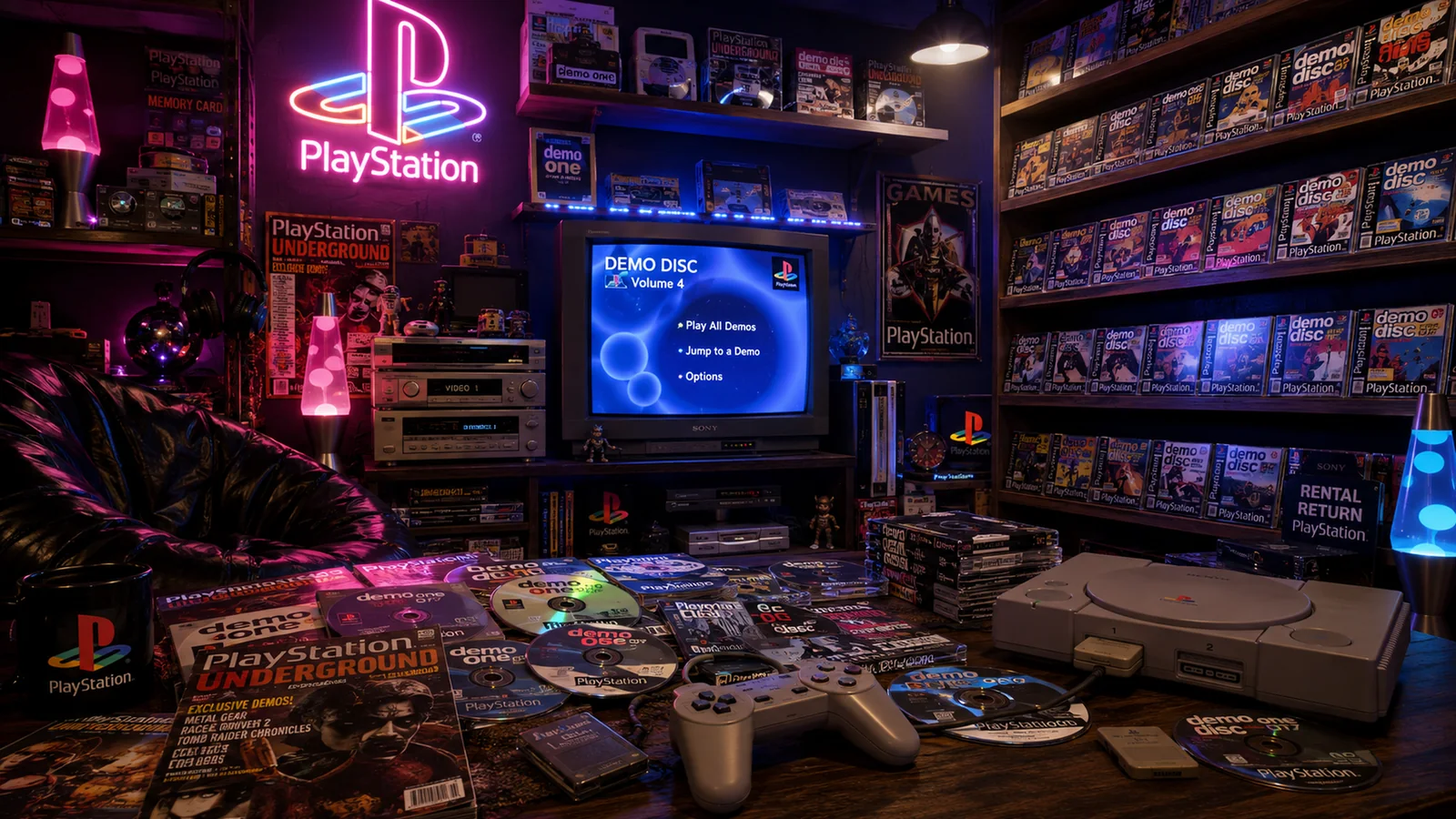 Atmospheric reconstruction of a late-1990s PlayStation room, demo discs and CRT menu light